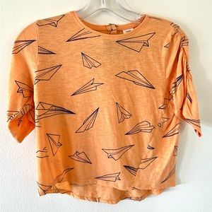 Stem Girls Rauched Sleeve Top w/ Paper Airplane Print